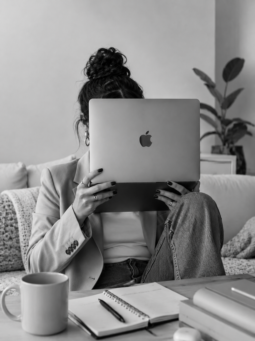 Creativa sosteniendo una MacBook frente a su rostro